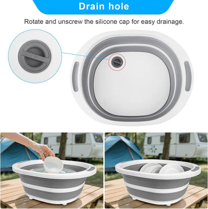 Collapsible Wash Basin, 7.5L Dish Tub Sink Basin Folding Dish Pans for Kitchen Sink, 2-in-1 Dishpan + Cutting Board, Portable Sink Dish Basin for Camping BBQ Prep Tub Washing Bin with Drain Plug + Lid
