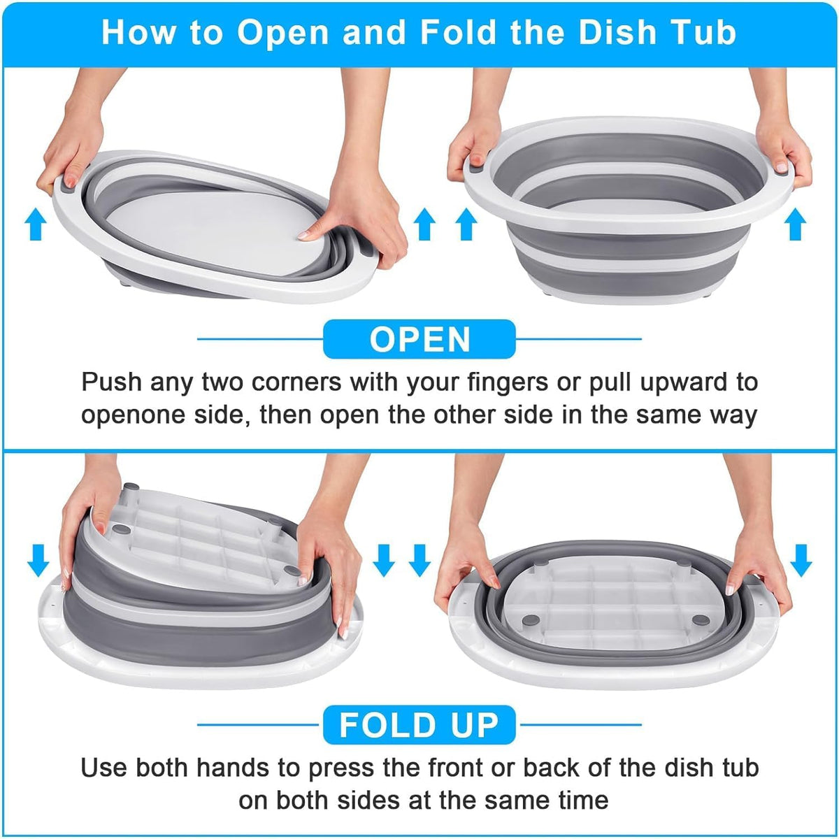 Collapsible Wash Basin, 7.5L Dish Tub Sink Basin Folding Dish Pans for Kitchen Sink, 2-in-1 Dishpan + Cutting Board, Portable Sink Dish Basin for Camping BBQ Prep Tub Washing Bin with Drain Plug + Lid