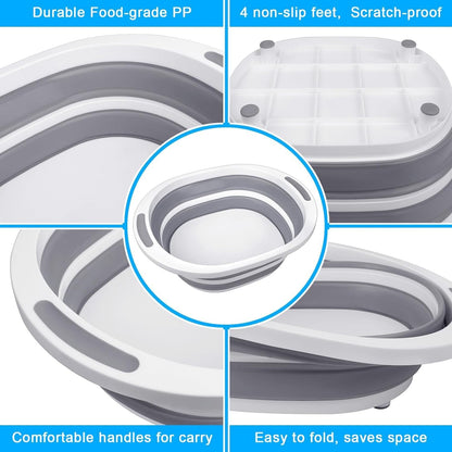 Collapsible Wash Basin, 7.5L Dish Tub Sink Basin Folding Dish Pans for Kitchen Sink, 2-in-1 Dishpan + Cutting Board, Portable Sink Dish Basin for Camping BBQ Prep Tub Washing Bin with Drain Plug + Lid