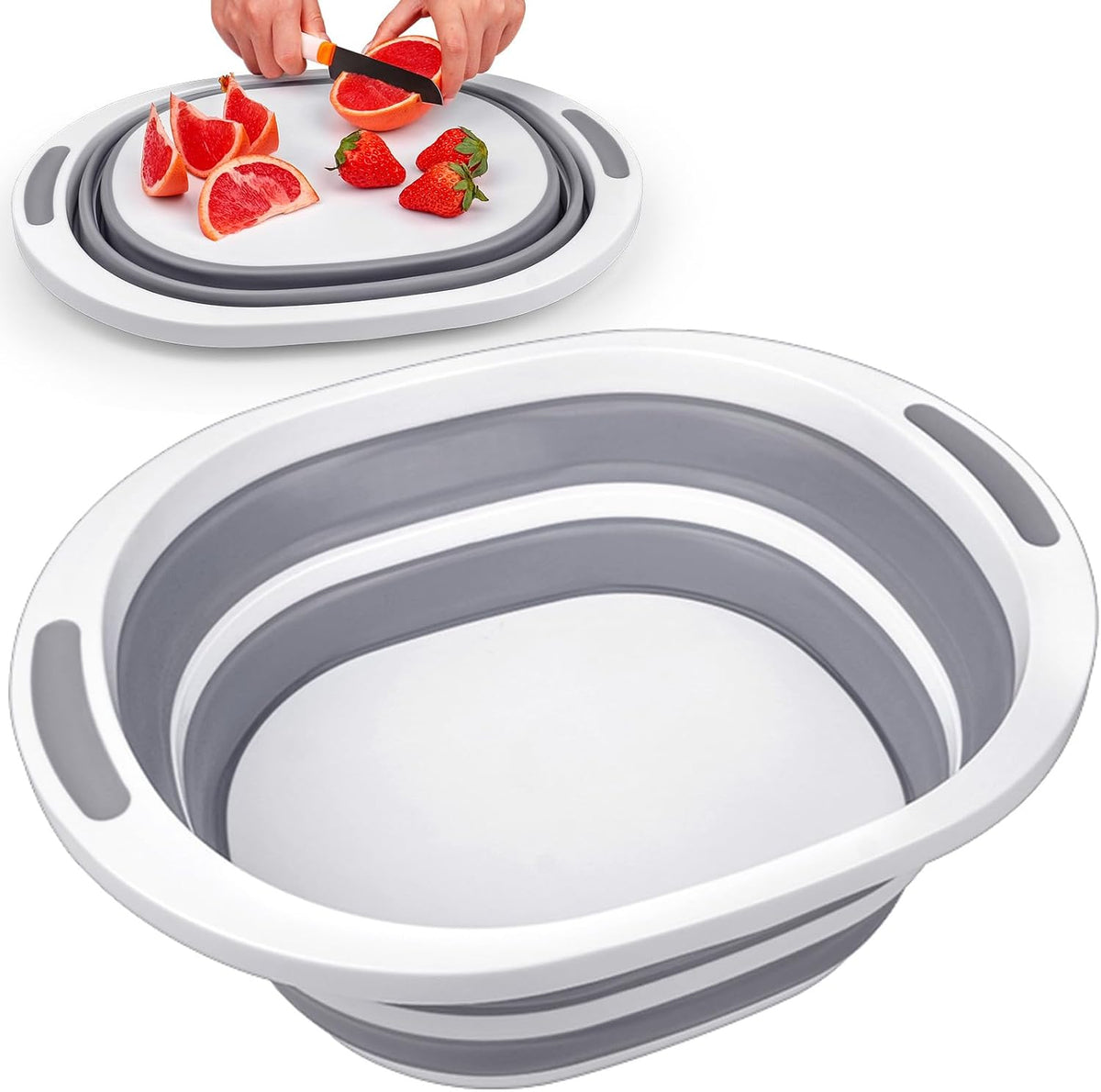 Collapsible Wash Basin, 7.5L Dish Tub Sink Basin Folding Dish Pans for Kitchen Sink, 2-in-1 Dishpan + Cutting Board, Portable Sink Dish Basin for Camping BBQ Prep Tub Washing Bin with Drain Plug + Lid