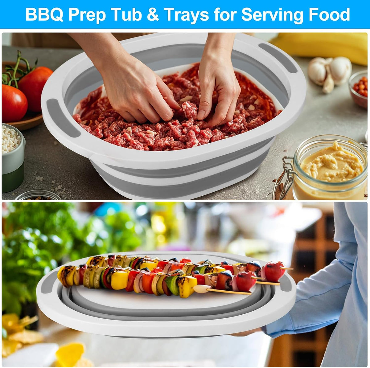 Collapsible Wash Basin, 7.5L Dish Tub Sink Basin Folding Dish Pans for Kitchen Sink, 2-in-1 Dishpan + Cutting Board, Portable Sink Dish Basin for Camping BBQ Prep Tub Washing Bin with Drain Plug + Lid