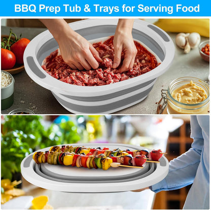 Collapsible Wash Basin, 7.5L Dish Tub Sink Basin Folding Dish Pans for Kitchen Sink, 2-in-1 Dishpan + Cutting Board, Portable Sink Dish Basin for Camping BBQ Prep Tub Washing Bin with Drain Plug + Lid