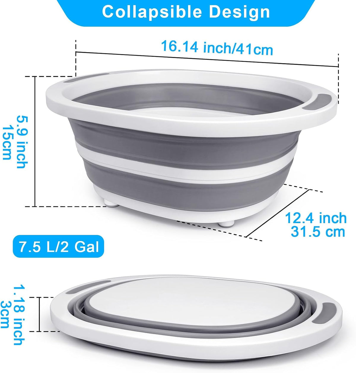 Collapsible Wash Basin, 7.5L Dish Tub Sink Basin Folding Dish Pans for Kitchen Sink, 2-in-1 Dishpan + Cutting Board, Portable Sink Dish Basin for Camping BBQ Prep Tub Washing Bin with Drain Plug + Lid