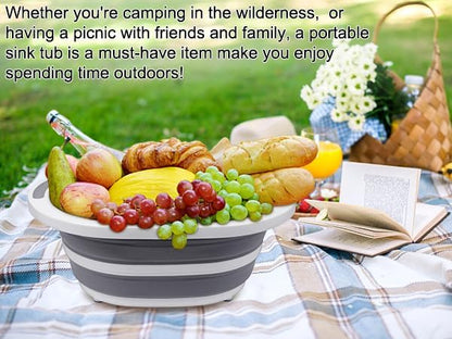 Collapsible Wash Basin, 7.5L Dish Tub Sink Basin Folding Dish Pans for Kitchen Sink, 2-in-1 Dishpan + Cutting Board, Portable Sink Dish Basin for Camping BBQ Prep Tub Washing Bin with Drain Plug + Lid