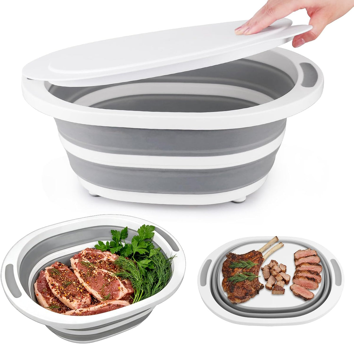Collapsible Wash Basin, 7.5L Dish Tub Sink Basin Folding Dish Pans for Kitchen Sink, 2-in-1 Dishpan + Cutting Board, Portable Sink Dish Basin for Camping BBQ Prep Tub Washing Bin with Drain Plug + Lid