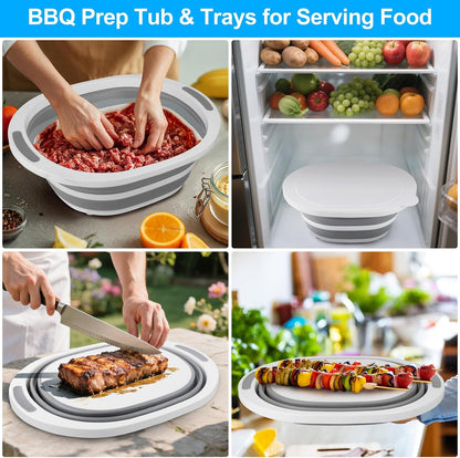 Collapsible Wash Basin, 7.5L Dish Tub Sink Basin Folding Dish Pans for Kitchen Sink, 2-in-1 Dishpan + Cutting Board, Portable Sink Dish Basin for Camping BBQ Prep Tub Washing Bin with Drain Plug + Lid
