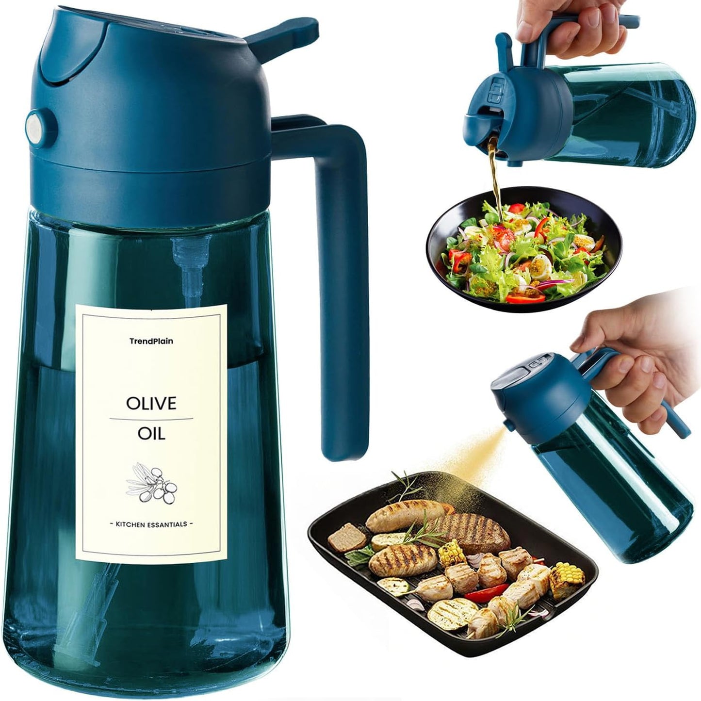 16oz/470ml Blue Glass Olive Oil Sprayer for Cooking - 2 in 1 Olive Oil Dispenser for Kitchen Gadgets, Air Fryer, Salad, and BBQ - Navy