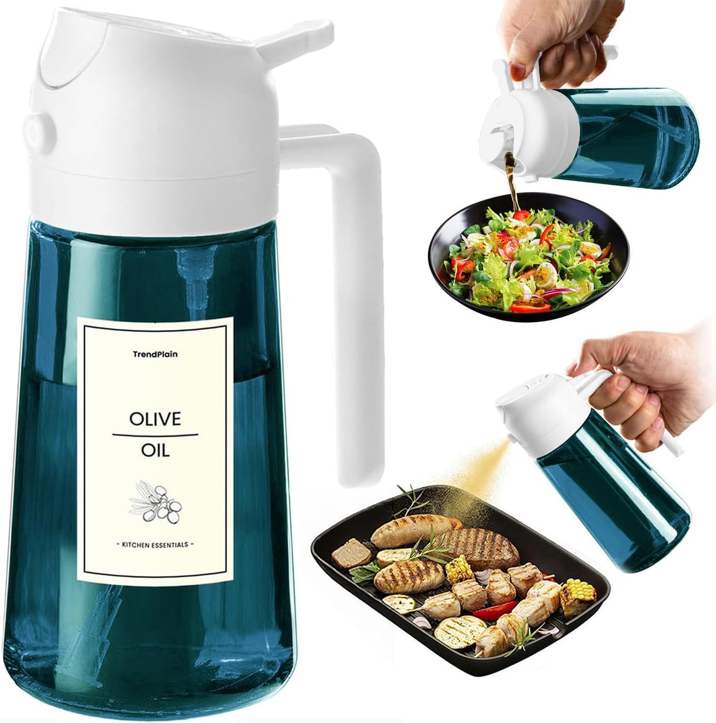 16oz/470ml Blue Glass Olive Oil Sprayer for Cooking - 2 in 1 Olive Oil Dispenser for Kitchen Gadgets, Air Fryer, Salad, and BBQ - Navy
