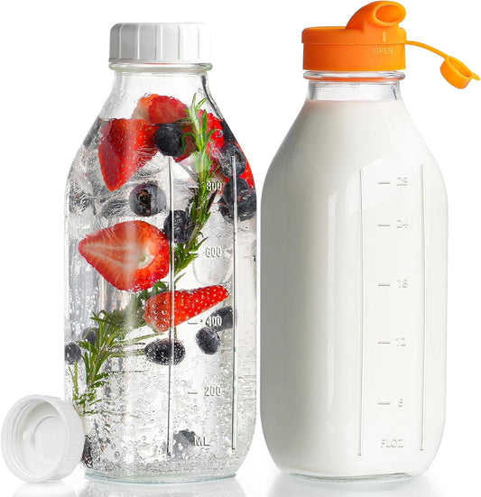 32 oz Glass Milk Bottles with Lid & Silicone Dispenser Cap, 2 Pack | Airtight Screw Lid, Leak-proof Design, Scale Markings for Breastmilk Storage, BPA-free Glass, Reusable, Fridge-safe