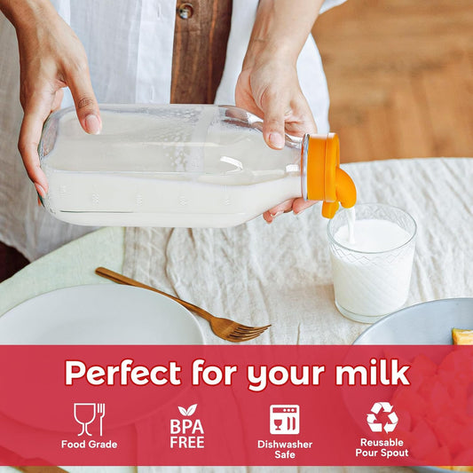 32 oz Glass Milk Bottles with Lid & Silicone Dispenser Cap, 2 Pack | Airtight Screw Lid, Leak-proof Design, Scale Markings for Breastmilk Storage, BPA-free Glass, Reusable, Fridge-safe