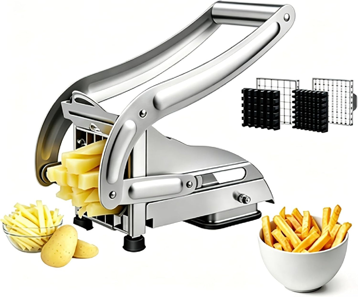 French Fry Cutter, Dishwasher Safe Potato Slicer with 1/2" & 3/8" Blades, Non-Slip Suction Base, Stainless Steel Manual French Fries Cutter for Potato, Carrot, Cucumber and Homemade Fries