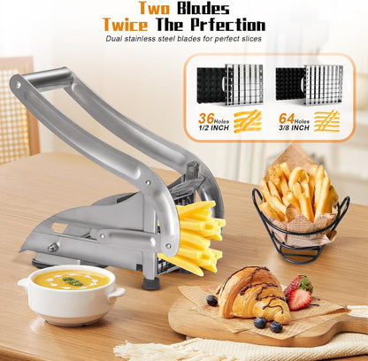 French Fry Cutter, Dishwasher Safe Potato Slicer with 1/2" & 3/8" Blades, Non-Slip Suction Base, Stainless Steel Manual French Fries Cutter for Potato, Carrot, Cucumber and Homemade Fries
