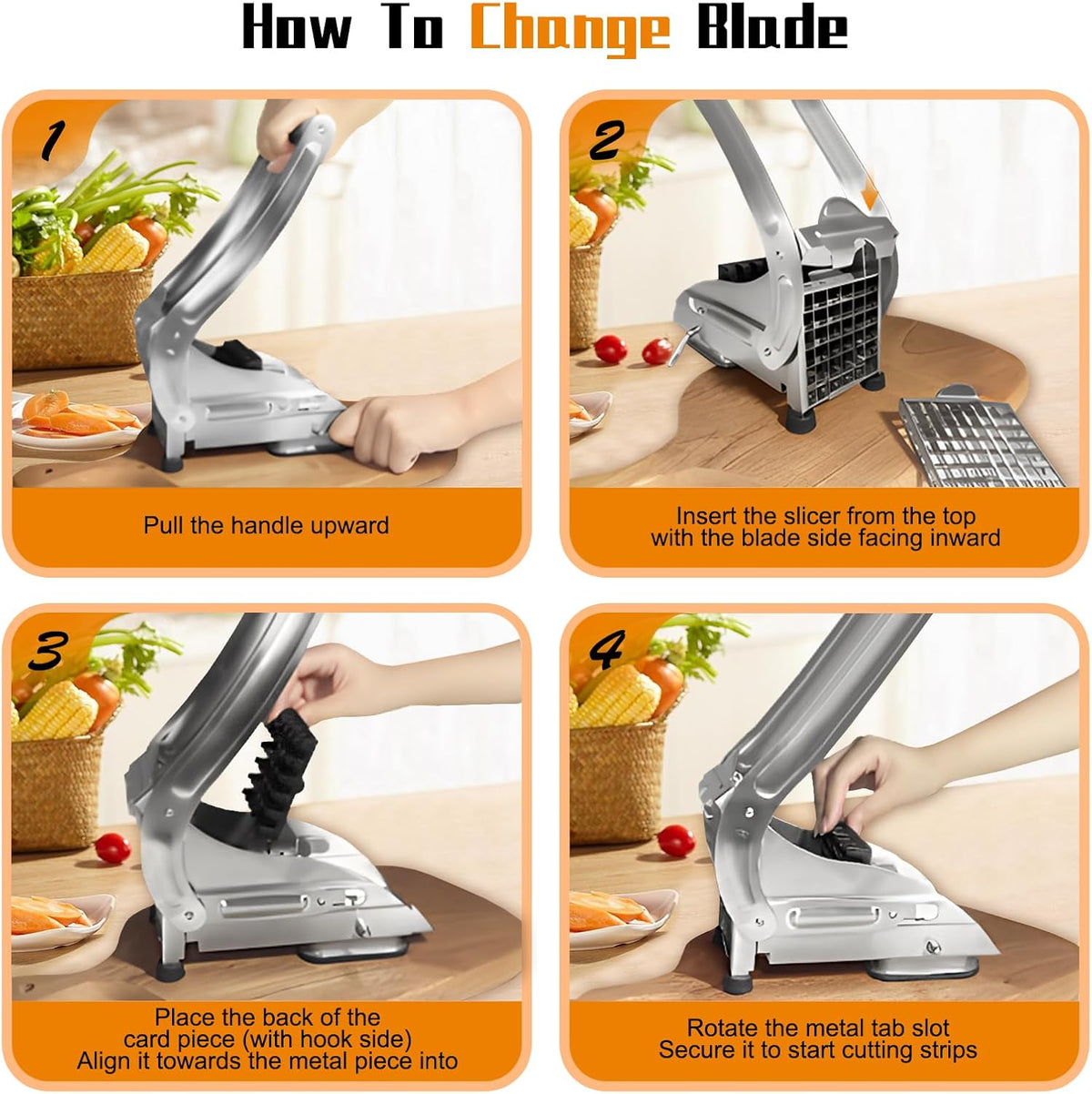 French Fry Cutter, Dishwasher Safe Potato Slicer with 1/2" & 3/8" Blades, Non-Slip Suction Base, Stainless Steel Manual French Fries Cutter for Potato, Carrot, Cucumber and Homemade Fries