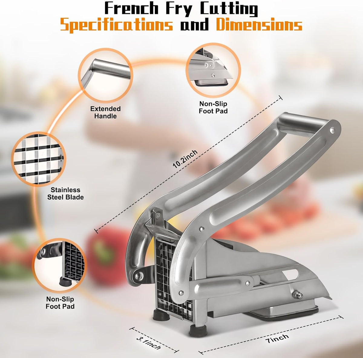 French Fry Cutter, Dishwasher Safe Potato Slicer with 1/2" & 3/8" Blades, Non-Slip Suction Base, Stainless Steel Manual French Fries Cutter for Potato, Carrot, Cucumber and Homemade Fries