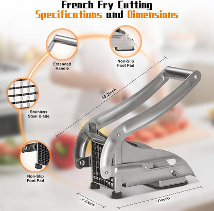 French Fry Cutter, Dishwasher Safe Potato Slicer with 1/2" & 3/8" Blades, Non-Slip Suction Base, Stainless Steel Manual French Fries Cutter for Potato, Carrot, Cucumber and Homemade Fries