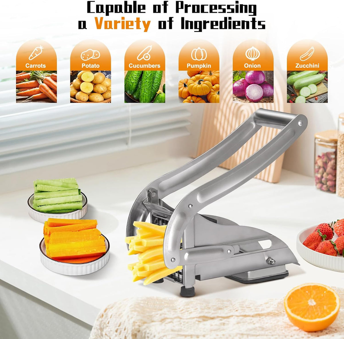 French Fry Cutter, Dishwasher Safe Potato Slicer with 1/2" & 3/8" Blades, Non-Slip Suction Base, Stainless Steel Manual French Fries Cutter for Potato, Carrot, Cucumber and Homemade Fries