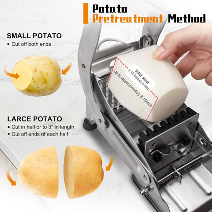 French Fry Cutter, Dishwasher Safe Potato Slicer with 1/2" & 3/8" Blades, Non-Slip Suction Base, Stainless Steel Manual French Fries Cutter for Potato, Carrot, Cucumber and Homemade Fries