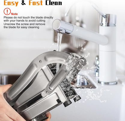French Fry Cutter, Dishwasher Safe Potato Slicer with 1/2" & 3/8" Blades, Non-Slip Suction Base, Stainless Steel Manual French Fries Cutter for Potato, Carrot, Cucumber and Homemade Fries