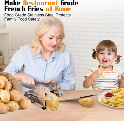 French Fry Cutter, Dishwasher Safe Potato Slicer with 1/2" & 3/8" Blades, Non-Slip Suction Base, Stainless Steel Manual French Fries Cutter for Potato, Carrot, Cucumber and Homemade Fries