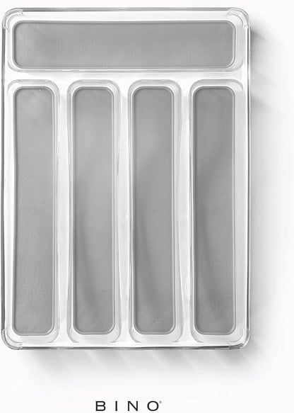 5-Slot Silverware Organizer for Drawer | Plastic Utensil Kitchen Drawers Tray Organization w/Grip Lining (Light Grey)