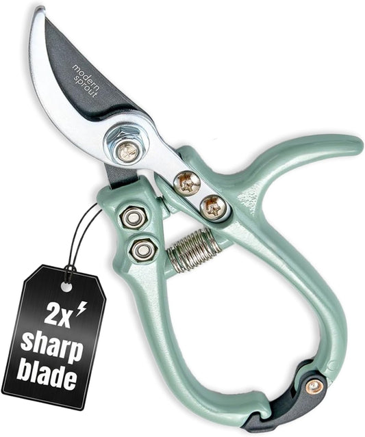 Bypass Hand Pruners - Scissors - Gardening Tools - Sage | Lightweight Pruning Tool W/ Easy-Lock - Sharp Bypass Carbon Steel Blade - Rust-Resistant - Reusable Holster for Storage