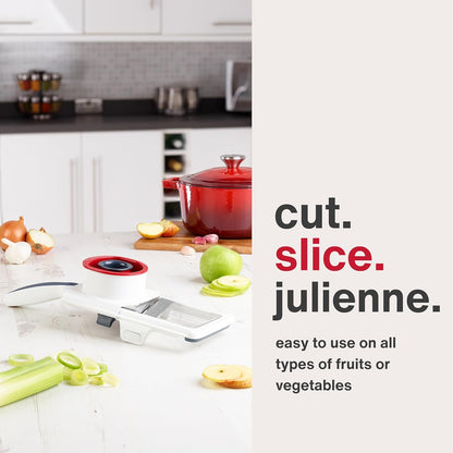 Easy Control Handheld Slicer - Vegetable Slicer & Chopper - Fruit Cutter - Handheld Slicer with Two Stainless Steel Blades - Dishwasher Safe - White/Red, 13 inches