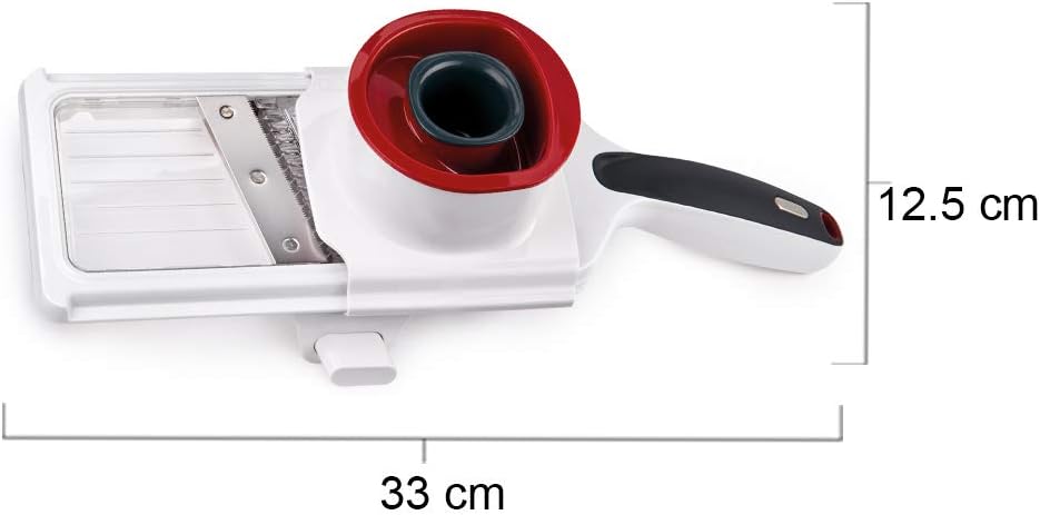 Easy Control Handheld Slicer - Vegetable Slicer & Chopper - Fruit Cutter - Handheld Slicer with Two Stainless Steel Blades - Dishwasher Safe - White/Red, 13 inches