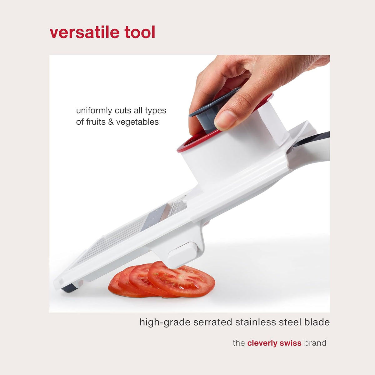 Easy Control Handheld Slicer - Vegetable Slicer & Chopper - Fruit Cutter - Handheld Slicer with Two Stainless Steel Blades - Dishwasher Safe - White/Red, 13 inches
