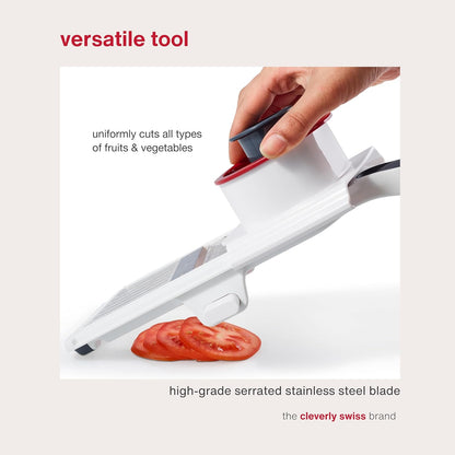 Easy Control Handheld Slicer - Vegetable Slicer & Chopper - Fruit Cutter - Handheld Slicer with Two Stainless Steel Blades - Dishwasher Safe - White/Red, 13 inches