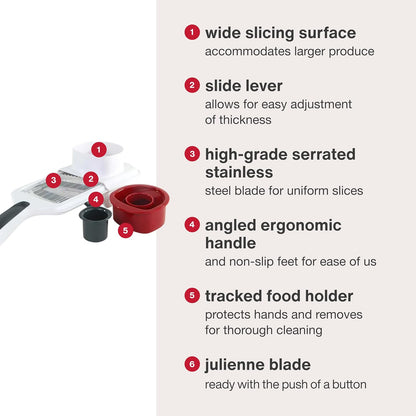 Easy Control Handheld Slicer - Vegetable Slicer & Chopper - Fruit Cutter - Handheld Slicer with Two Stainless Steel Blades - Dishwasher Safe - White/Red, 13 inches