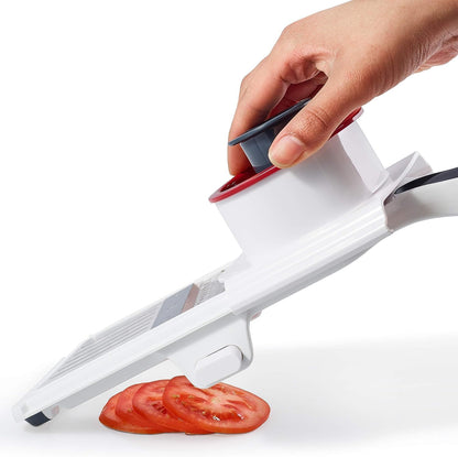 Easy Control Handheld Slicer - Vegetable Slicer & Chopper - Fruit Cutter - Handheld Slicer with Two Stainless Steel Blades - Dishwasher Safe - White/Red, 13 inches