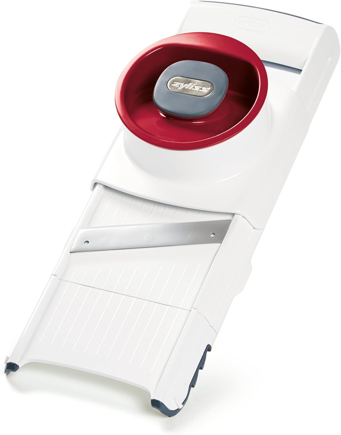 Easy Control Handheld Slicer - Vegetable Slicer & Chopper - Fruit Cutter - Handheld Slicer with Two Stainless Steel Blades - Dishwasher Safe - White/Red, 13 inches