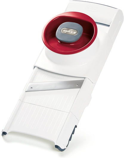 Easy Control Handheld Slicer - Vegetable Slicer & Chopper - Fruit Cutter - Handheld Slicer with Two Stainless Steel Blades - Dishwasher Safe - White/Red, 13 inches