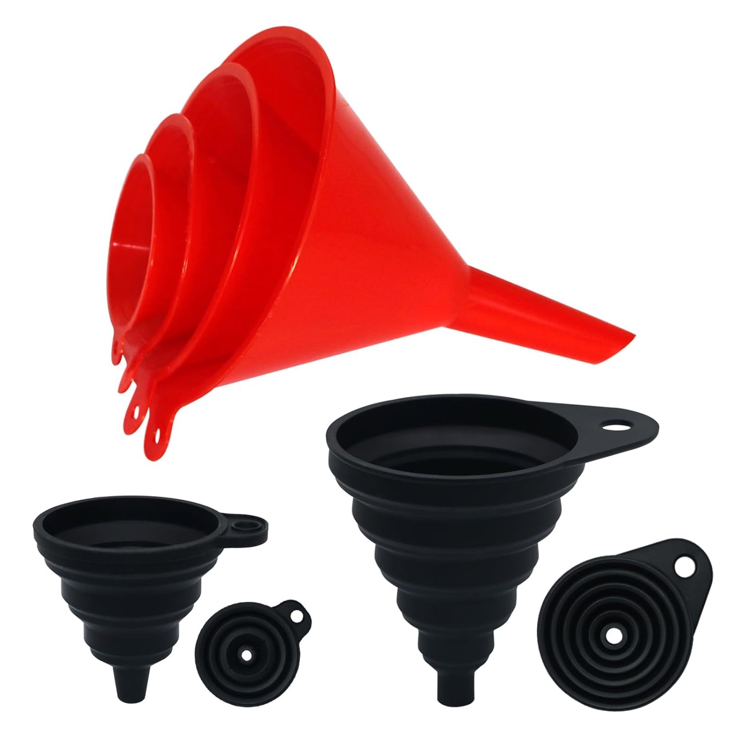 4 Pieces Plastic Funnel Set for Kitchen and Automotive Use, Mini, Small, Medium and Large Funnel for Filling Bottles, Canning, Cooking, Lab or Car Oil Funnels (Red)