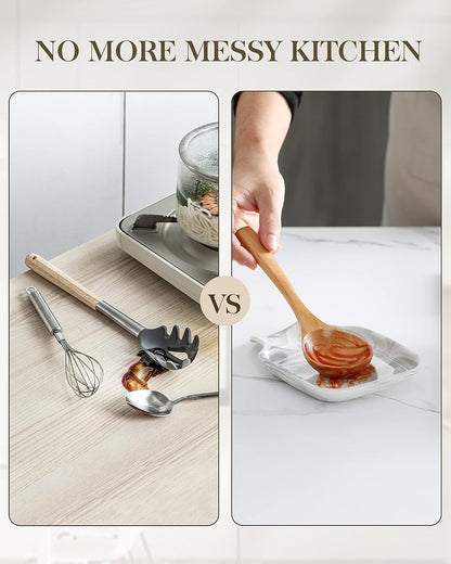 6.9 Inch Large Spoon Rest, Porcelain Stove Top Spoon Holder, White | For Spoons, Spatulas, Tongs, Stackable Design, Space Saving Storage, Dishwasher Safe, Easy to Clean Porcelain