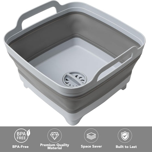 Dishpan for Washing Dishes, 2.4Gal/9L Wash Basin with Draining Plug Carry Handles, Collapsible Bucket for Cleaning, Portable Sink, Foldable Plastic Tub, 1PC