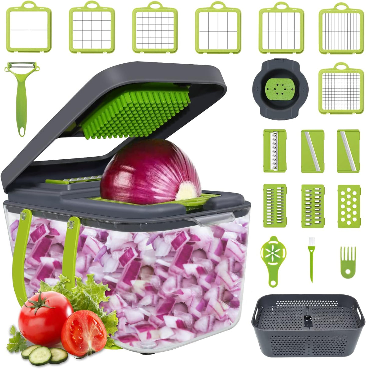 New 2022 Vegetable Dicer Onion Chopper, 22 in 1 Food, Fruits Cutter with 14 Stainless Steel Blades, Adjustable Slicer with Drain Rack Storage Container, Kitchen Gadget