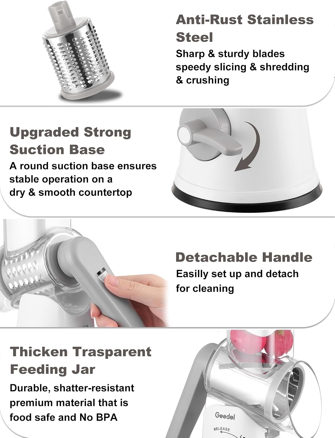 Upgraded Rotary Cheese Grater, 5 in 1 Cheese Shredder Veggie Slicer