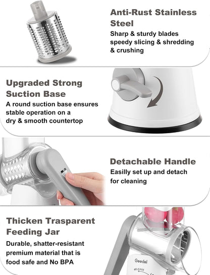 Upgraded Rotary Cheese Grater, 5 in 1 Cheese Shredder Veggie Slicer