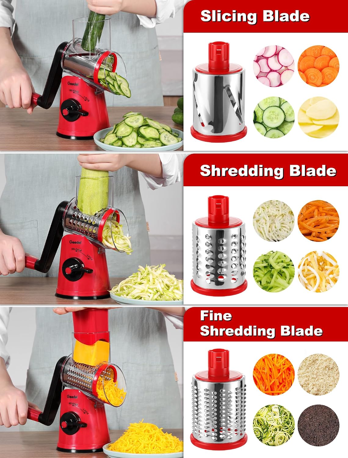Upgraded Rotary Cheese Grater, 5 in 1 Cheese Shredder Veggie Slicer