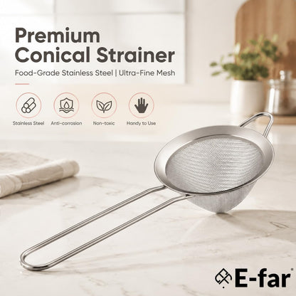 Fine Mesh Strainer Set of 2, 3.3 Inches Stainless Steel Tea Strainer with Long Handle, Small Conical Mesh Strainers Sieve for Cocktail Coffee Food, Rust Proof & Easy to Clean (Silver)