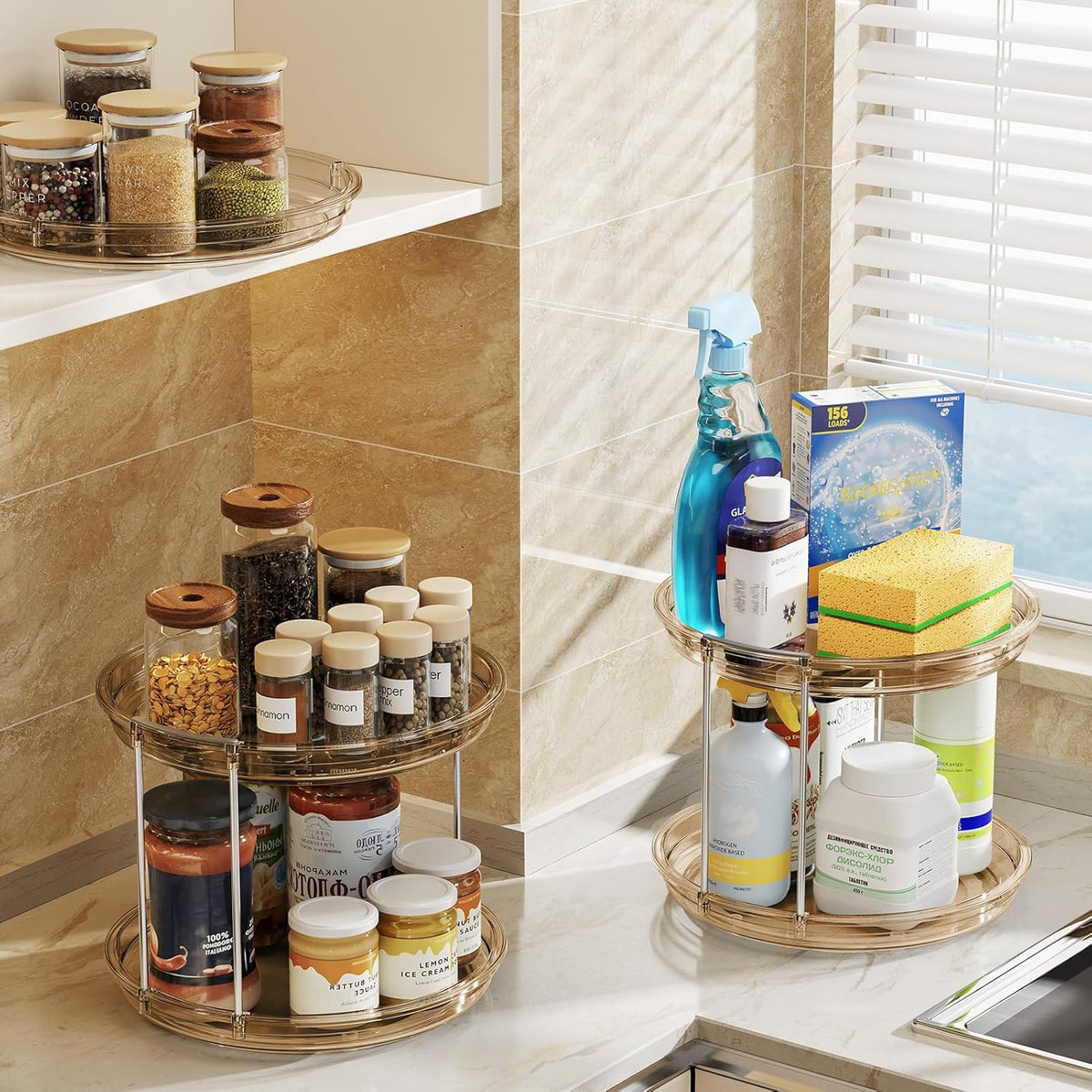 LAMU 2 Tier Lazy Susan Turntable Organizer 9.25'' Rotating Spice Rack Organization for Cabinet, Kitchen, Pantry, Countertop, Bathroom, Vanity, Medicine Cabinet Organizer, Clear