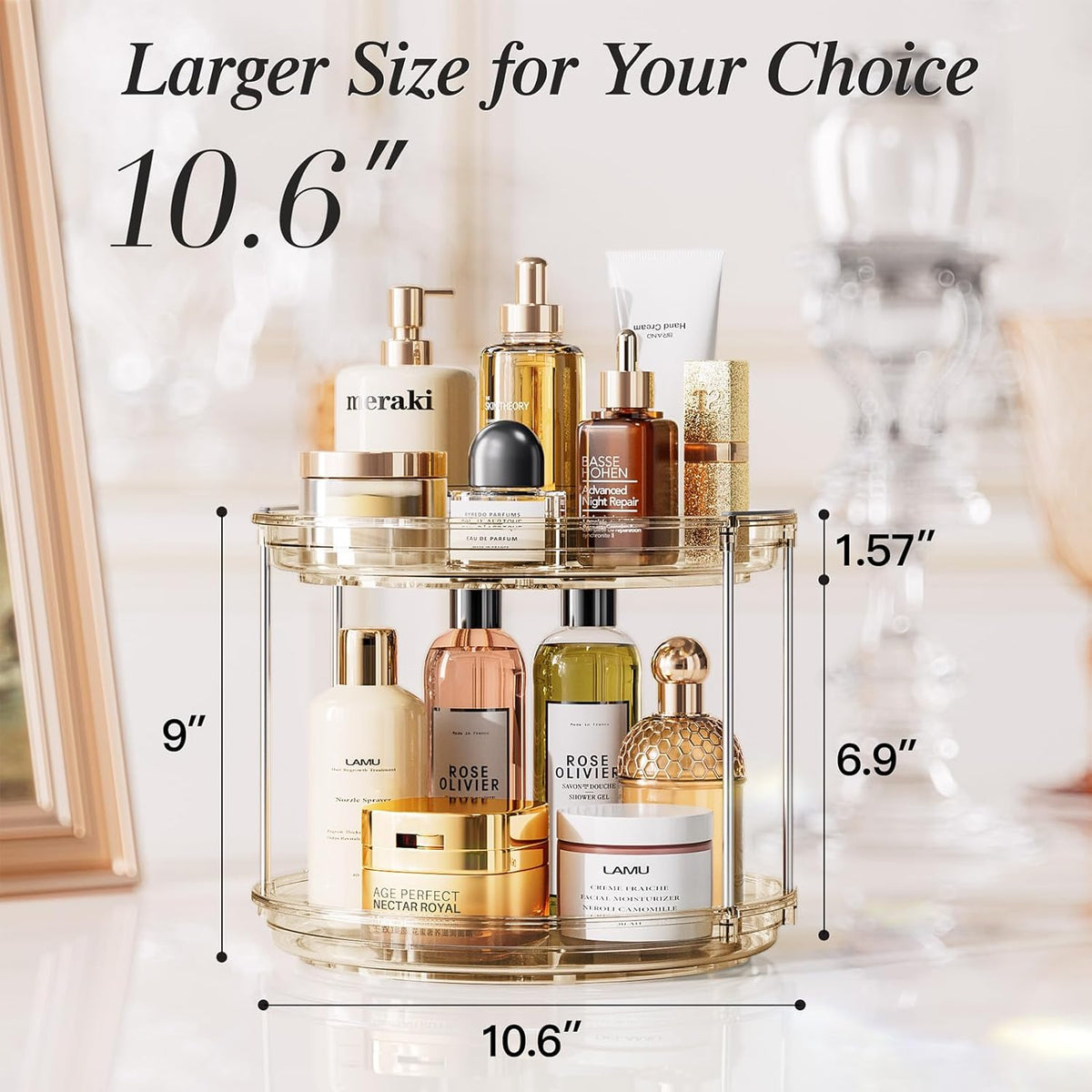 LAMU 2 Tier Lazy Susan Turntable Organizer 9.25'' Rotating Spice Rack Organization for Cabinet, Kitchen, Pantry, Countertop, Bathroom, Vanity, Medicine Cabinet Organizer, Clear