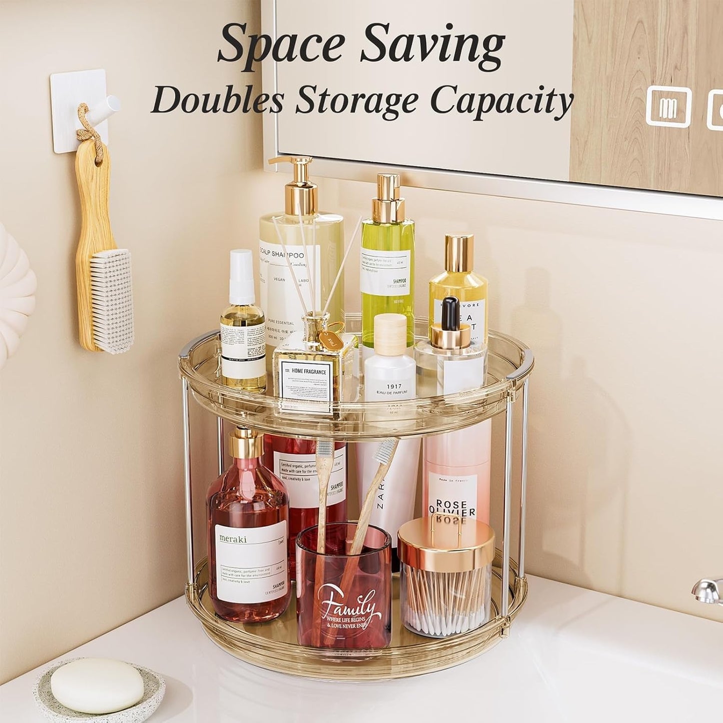 LAMU 2 Tier Lazy Susan Turntable Organizer 9.25'' Rotating Spice Rack Organization for Cabinet, Kitchen, Pantry, Countertop, Bathroom, Vanity, Medicine Cabinet Organizer, Clear
