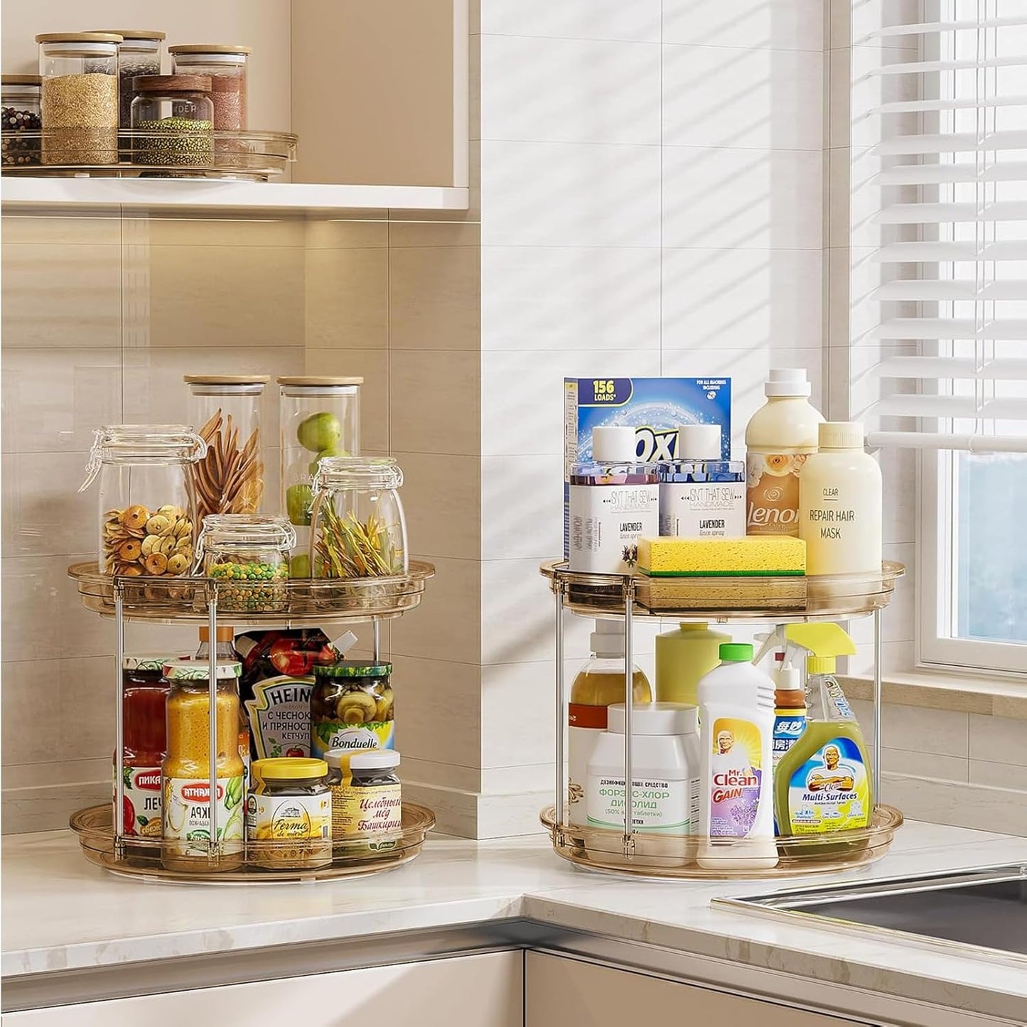 LAMU 2 Tier Lazy Susan Turntable Organizer 9.25'' Rotating Spice Rack Organization for Cabinet, Kitchen, Pantry, Countertop, Bathroom, Vanity, Medicine Cabinet Organizer, Clear