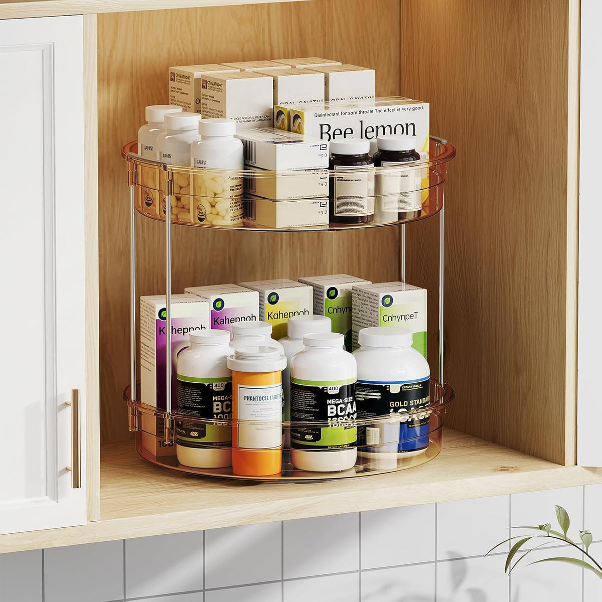 LAMU 2 Tier Lazy Susan Turntable Organizer 9.25'' Rotating Spice Rack Organization for Cabinet, Kitchen, Pantry, Countertop, Bathroom, Vanity, Medicine Cabinet Organizer, Clear