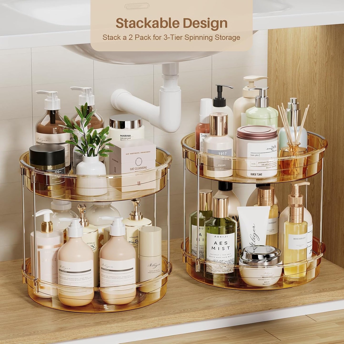 LAMU 2 Tier Lazy Susan Turntable Organizer 9.25'' Rotating Spice Rack Organization for Cabinet, Kitchen, Pantry, Countertop, Bathroom, Vanity, Medicine Cabinet Organizer, Clear