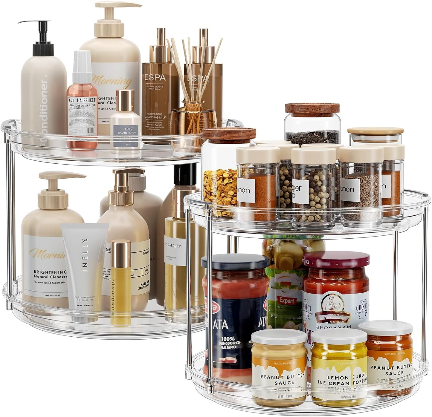 LAMU 2 Tier Lazy Susan Turntable Organizer 9.25'' Rotating Spice Rack Organization for Cabinet, Kitchen, Pantry, Countertop, Bathroom, Vanity, Medicine Cabinet Organizer, Clear