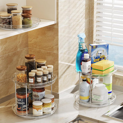 LAMU 2 Tier Lazy Susan Turntable Organizer 9.25'' Rotating Spice Rack Organization for Cabinet, Kitchen, Pantry, Countertop, Bathroom, Vanity, Medicine Cabinet Organizer, Clear