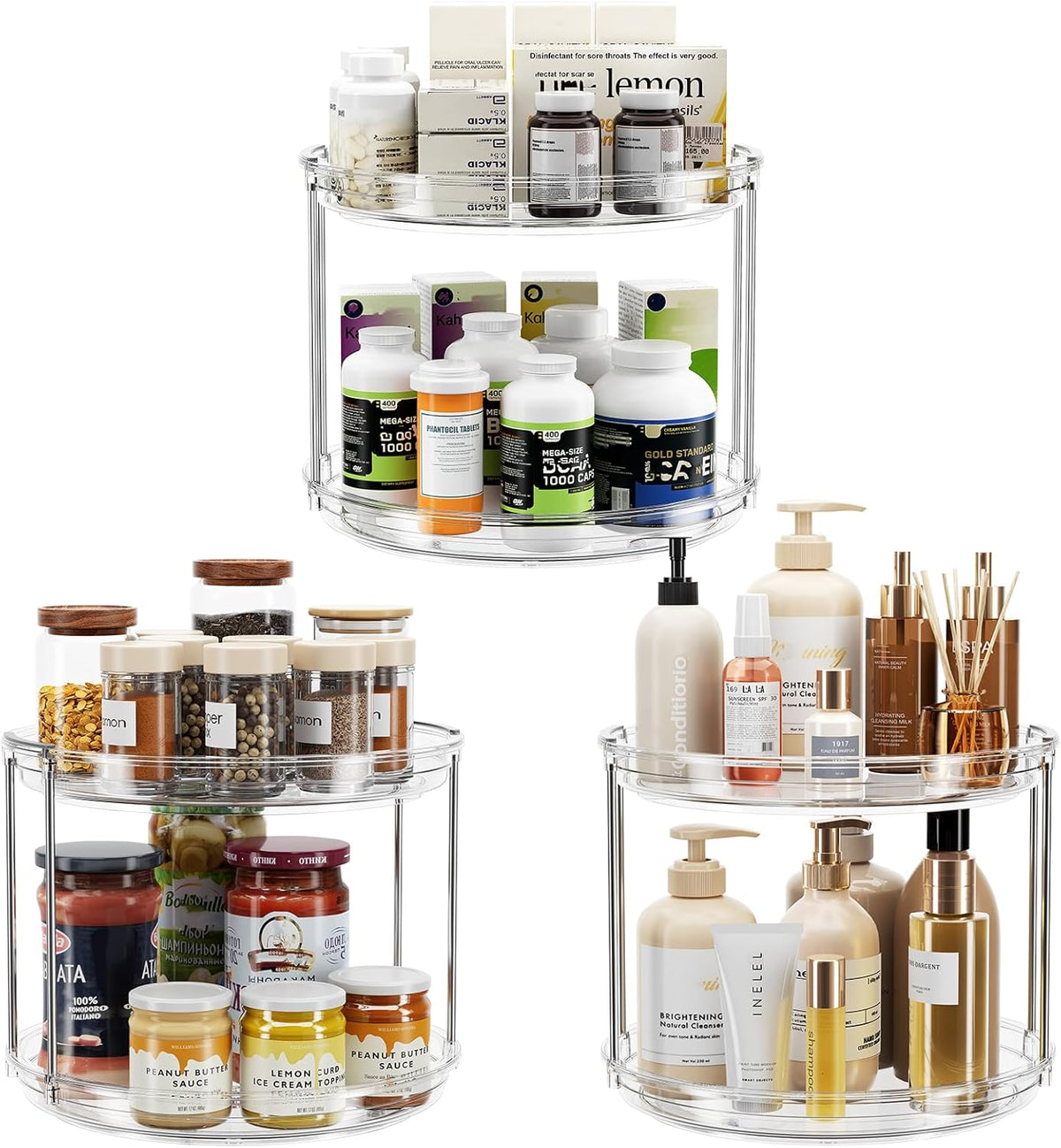 LAMU 2 Tier Lazy Susan Turntable Organizer 9.25'' Rotating Spice Rack Organization for Cabinet, Kitchen, Pantry, Countertop, Bathroom, Vanity, Medicine Cabinet Organizer, Clear